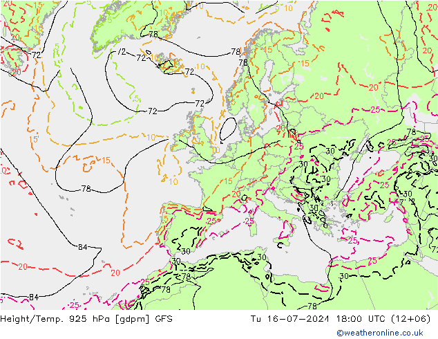 Height/Temp. 925 hPa GFS 星期二 16.07.2024 18 UTC