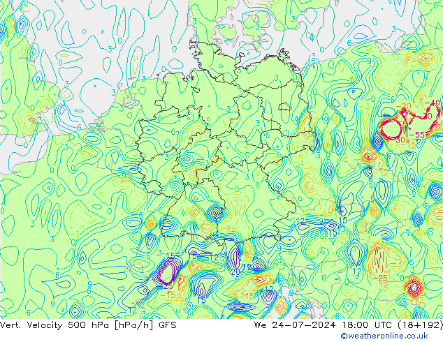 Vert. Velocity 500 hPa GFS 星期三 24.07.2024 18 UTC