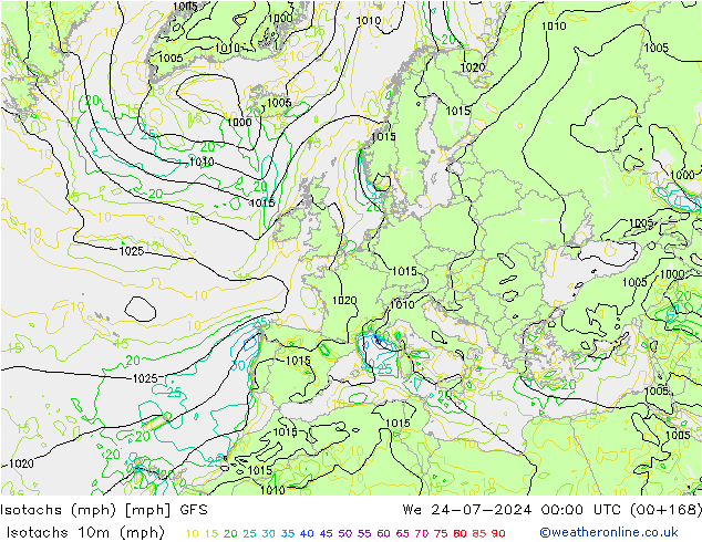 Isotachs (mph) GFS 星期三 24.07.2024 00 UTC