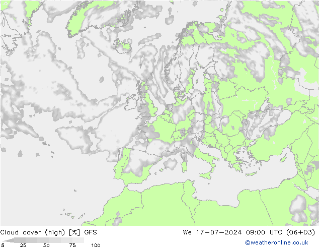 Bewolking (Hoog) GFS wo 17.07.2024 09 UTC