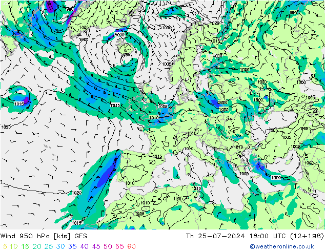 风 950 hPa GFS 星期四 25.07.2024 18 UTC
