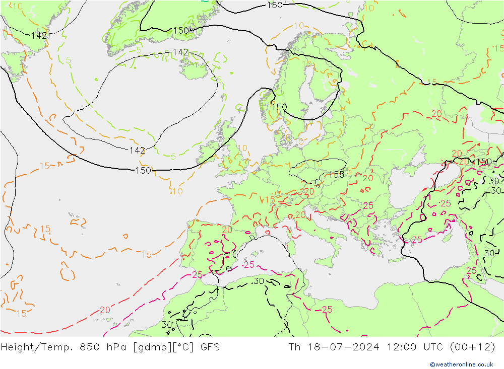 Z500/Rain (+SLP)/Z850 GFS 星期四 18.07.2024 12 UTC