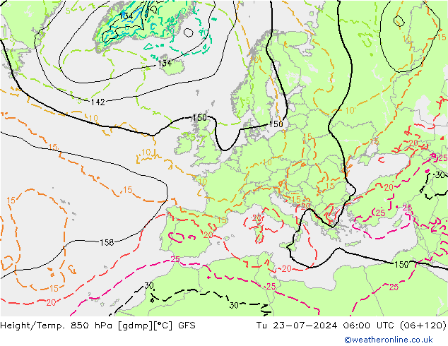 Height/Temp. 850 hPa GFS 星期二 23.07.2024 06 UTC