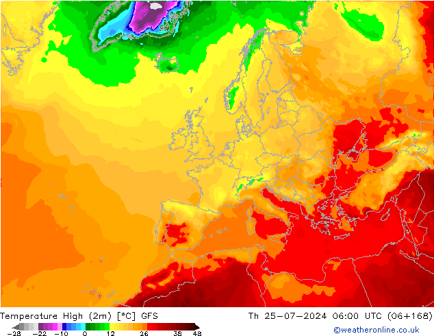 Temperature High (2m) GFS 星期四 25.07.2024 06 UTC