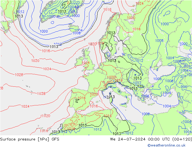 地面气压 GFS 星期三 24.07.2024 00 UTC