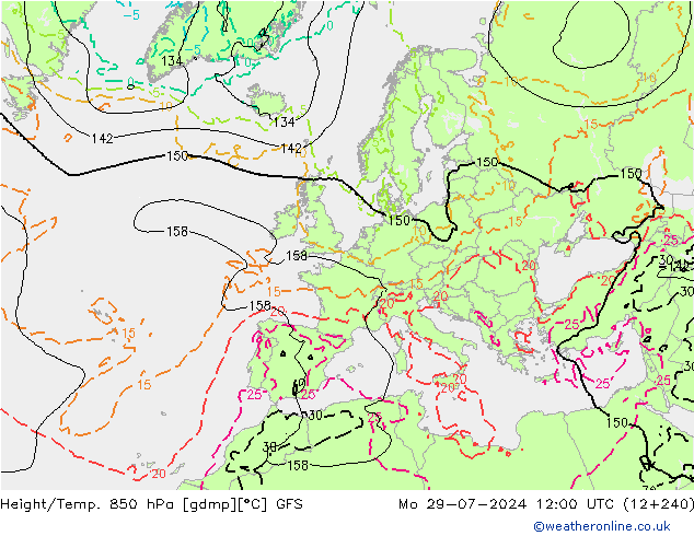 Hoogte/Temp. 850 hPa GFS ma 29.07.2024 12 UTC