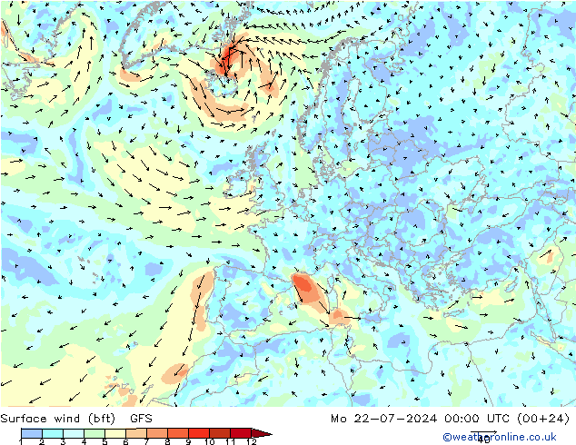 Wind 10 m (bft) GFS ma 22.07.2024 00 UTC