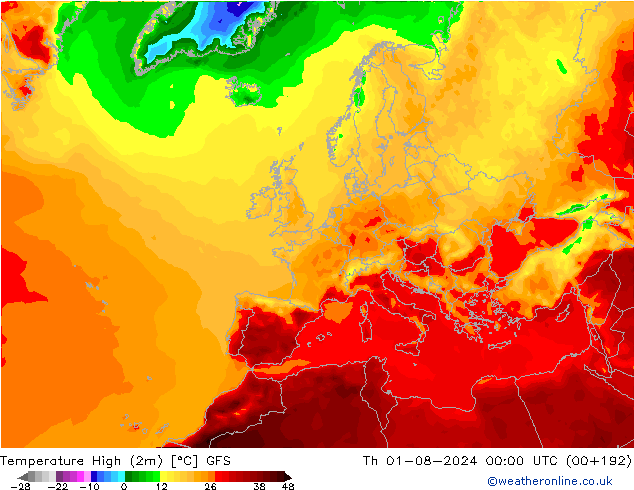 Max.temperatuur (2m) GFS do 01.08.2024 00 UTC