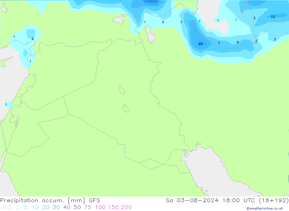 Precipitation accum. GFS Sa 03.08.2024 18 UTC