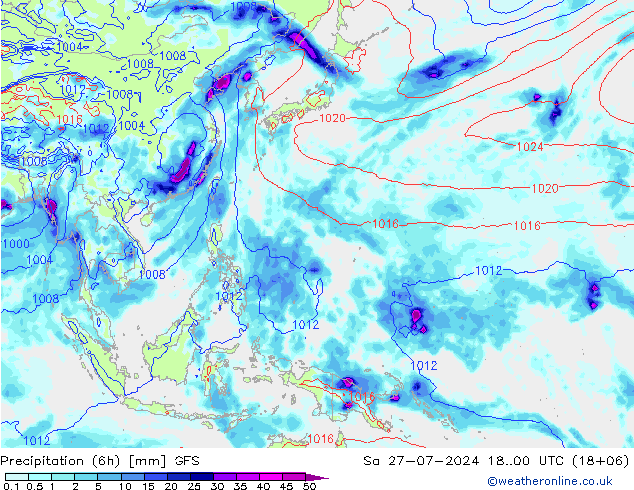 Precipitation (6h) GFS Sa 27.07.2024 00 UTC