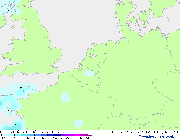 降水量 (12h) GFS 星期二 30.07.2024 12 UTC