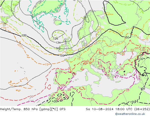 Z500/Rain (+SLP)/Z850 GFS Sa 10.08.2024 18 UTC