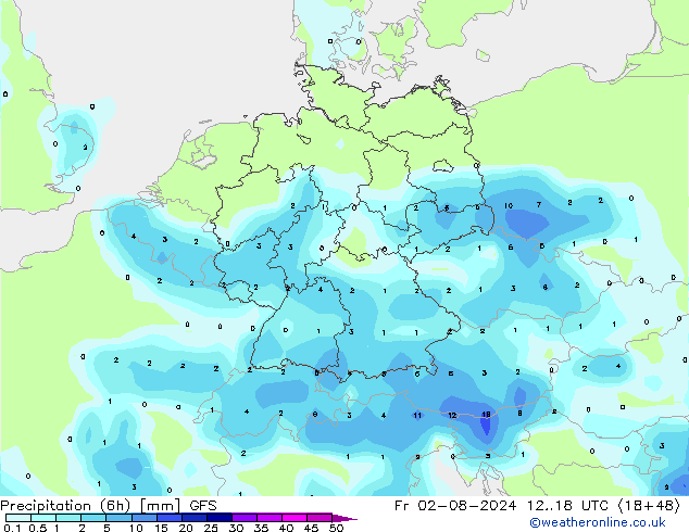 降水量 (6h) GFS 星期五 02.08.2024 18 UTC