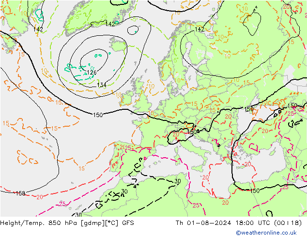 Z500/Rain (+SLP)/Z850 GFS 星期四 01.08.2024 18 UTC