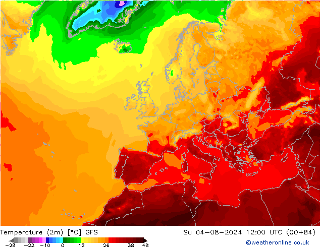 温度图 GFS 星期日 04.08.2024 12 UTC