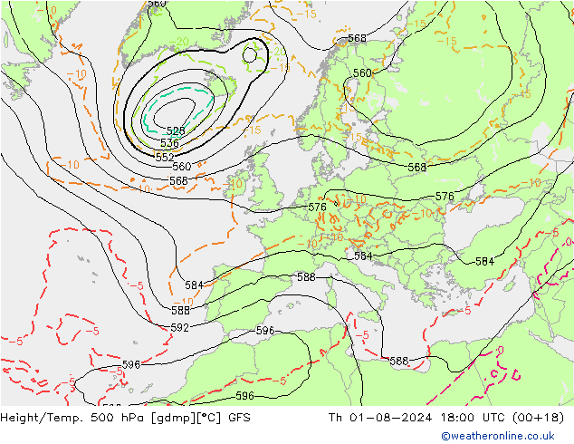 Z500/Rain (+SLP)/Z850 GFS 星期四 01.08.2024 18 UTC