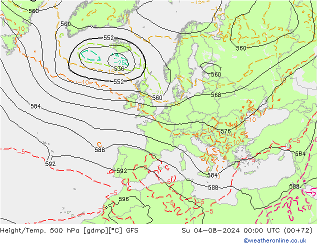 Z500/Rain (+SLP)/Z850 GFS 星期日 04.08.2024 00 UTC