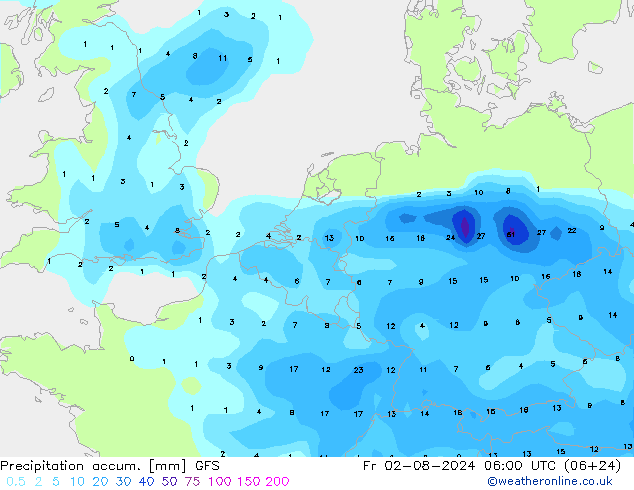 Precipitation accum. GFS 星期五 02.08.2024 06 UTC