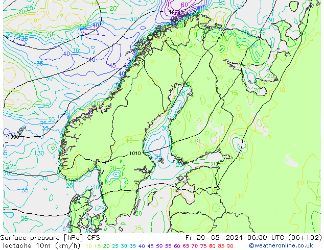 10米等风速线 (kph) GFS 星期五 09.08.2024 06 UTC