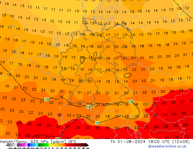 Hoogte/Temp. 925 hPa GFS do 01.08.2024 18 UTC