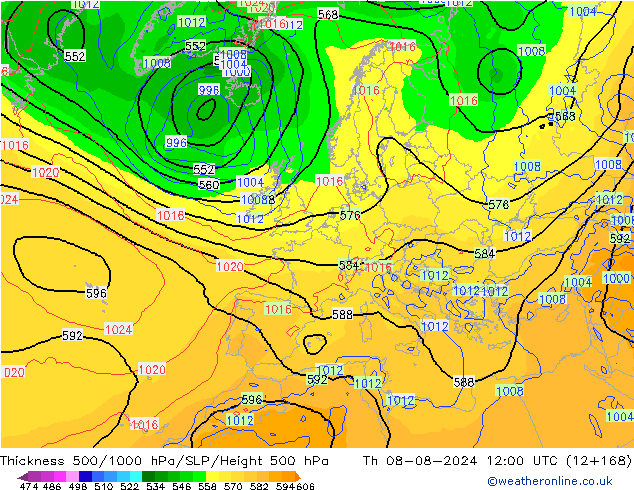 Dikte 500-1000hPa GFS do 08.08.2024 12 UTC