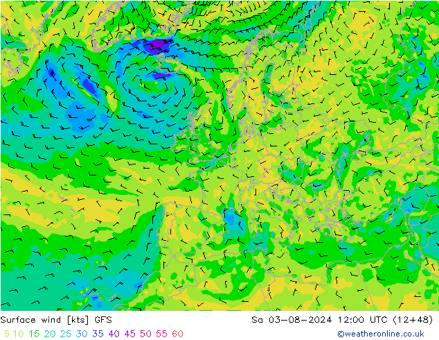 风 10 米 GFS 星期六 03.08.2024 12 UTC