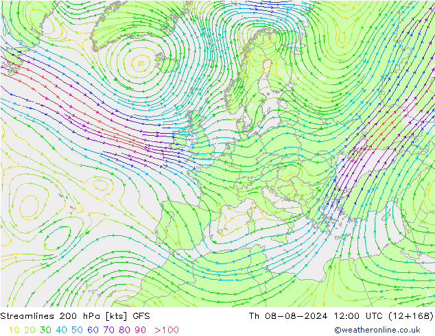 风 200 hPa GFS 星期四 08.08.2024 12 UTC
