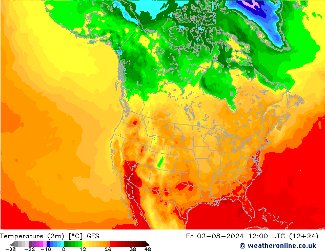 Temperatuurkaart (2m) GFS vr 02.08.2024 12 UTC