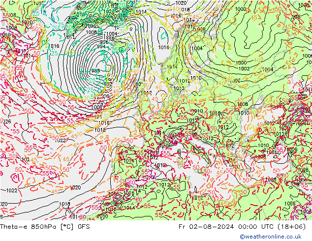 Theta-e 850hPa GFS 星期五 02.08.2024 00 UTC