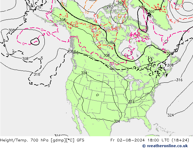 Hoogte/Temp. 700 hPa GFS vr 02.08.2024 18 UTC