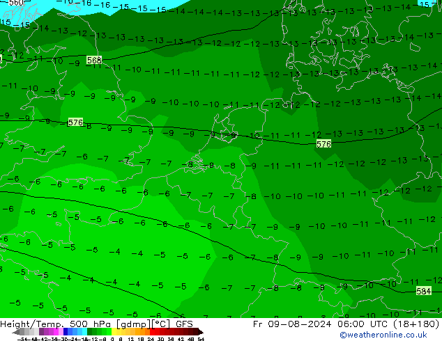 Hoogte/Temp. 500 hPa GFS vr 09.08.2024 06 UTC