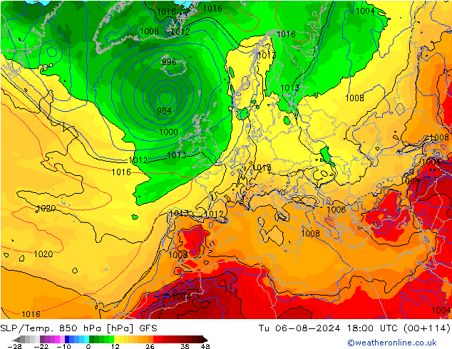 SLP/Temp. 850 hPa GFS di 06.08.2024 18 UTC