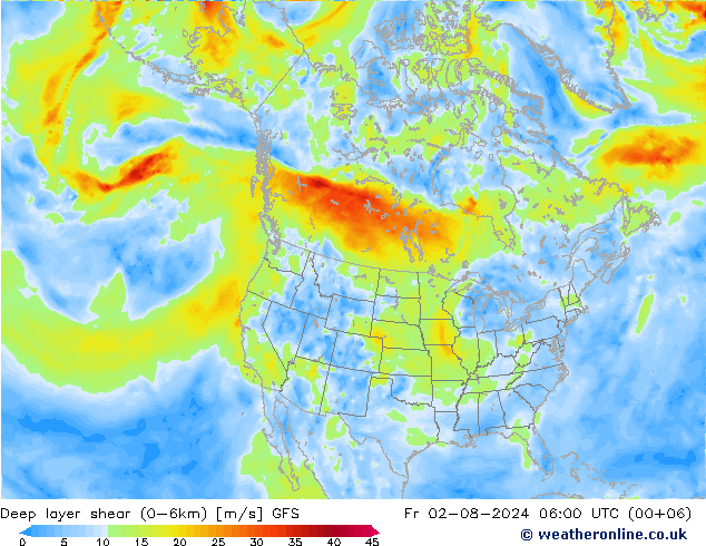 Deep layer shear (0-6km) GFS 星期五 02.08.2024 06 UTC