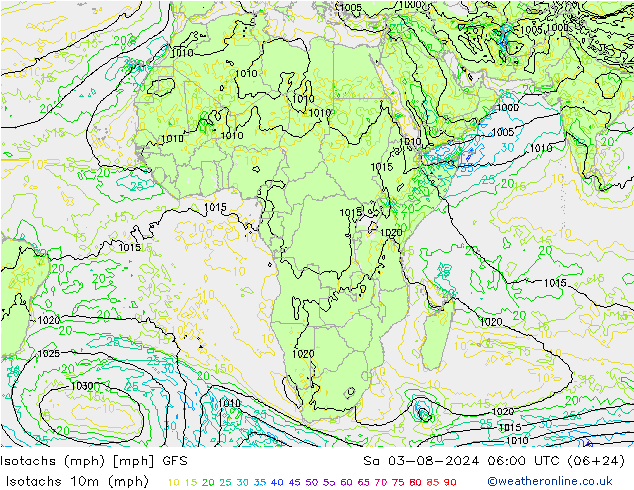 Isotachen (mph) GFS za 03.08.2024 06 UTC