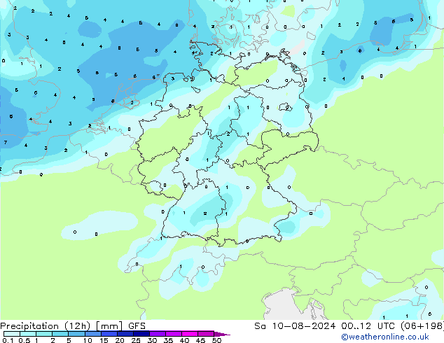 Totale neerslag (12h) GFS za 10.08.2024 12 UTC