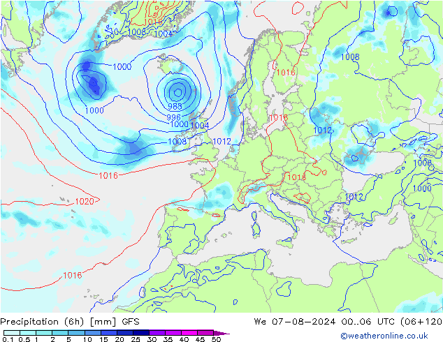 Z500/Rain (+SLP)/Z850 GFS 星期三 07.08.2024 06 UTC