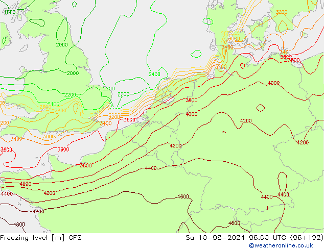 Freezing level GFS 星期六 10.08.2024 06 UTC