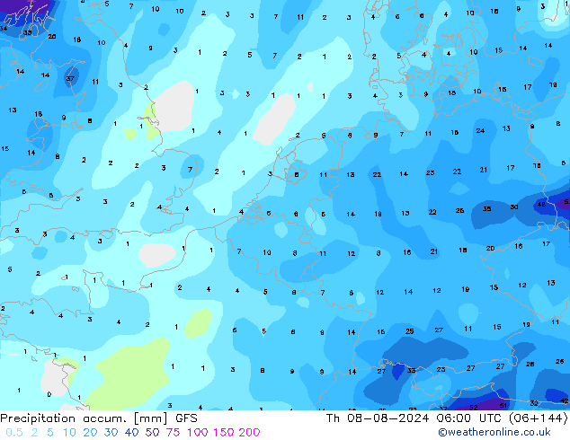 Precipitation accum. GFS 星期四 08.08.2024 06 UTC