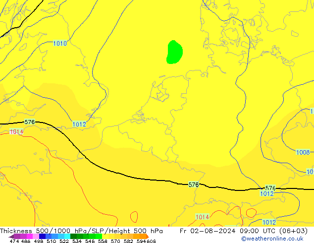 Dikte 500-1000hPa GFS vr 02.08.2024 09 UTC
