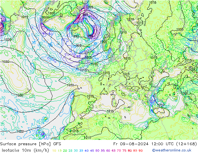 Isotachen (km/h) GFS vr 09.08.2024 12 UTC