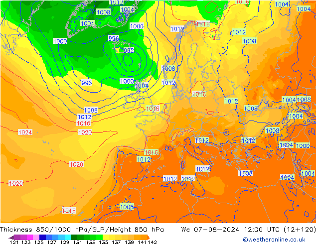 Thck 850-1000 hPa GFS 星期三 07.08.2024 12 UTC