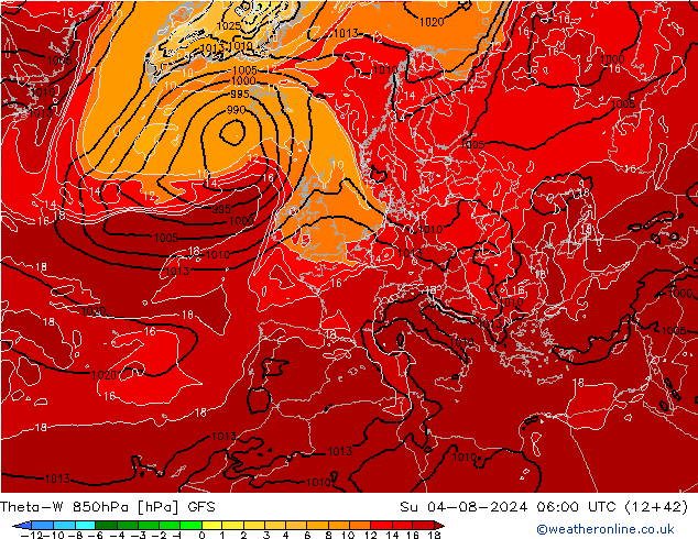 Theta-W 850hPa GFS zo 04.08.2024 06 UTC