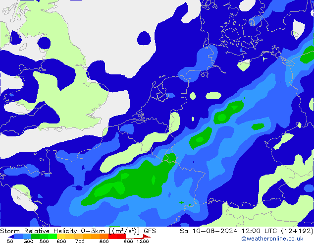 Storm Relative Helicity GFS 星期六 10.08.2024 12 UTC