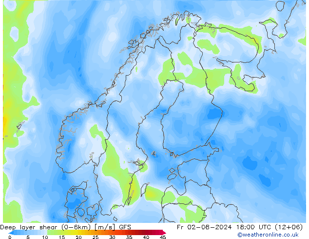 Deep layer shear (0-6km) GFS 星期五 02.08.2024 18 UTC