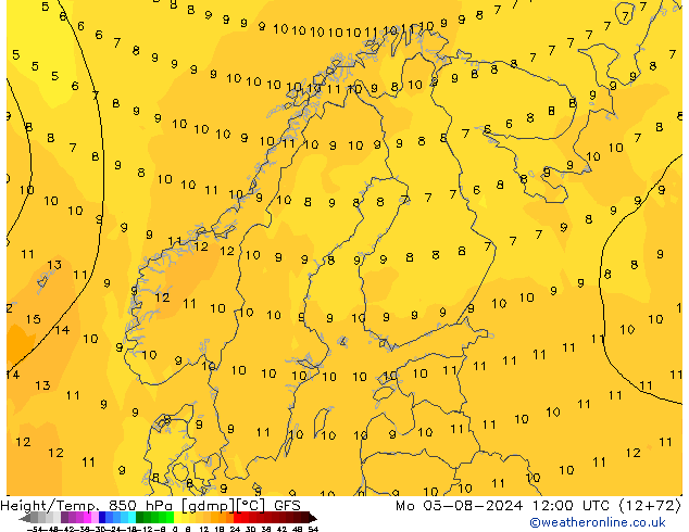 Z500/Rain (+SLP)/Z850 GFS 星期一 05.08.2024 12 UTC