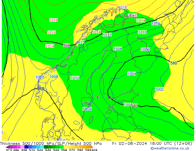 Thck 500-1000hPa GFS 星期五 02.08.2024 18 UTC