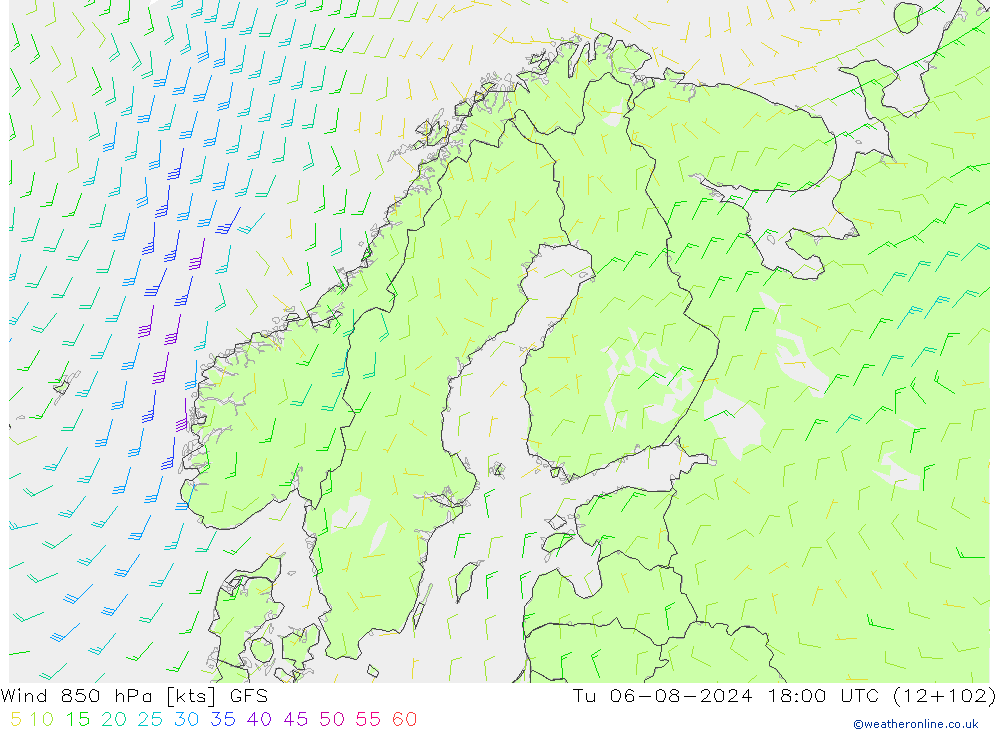Wind 850 hPa GFS di 06.08.2024 18 UTC