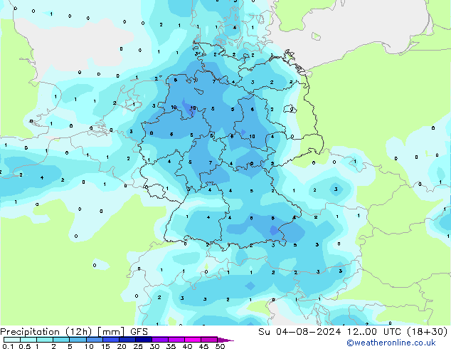 Totale neerslag (12h) GFS zo 04.08.2024 00 UTC