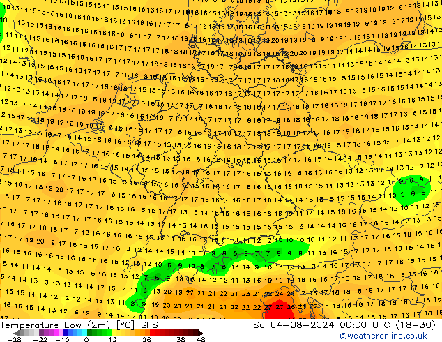 Min.temperatuur (2m) GFS zo 04.08.2024 00 UTC