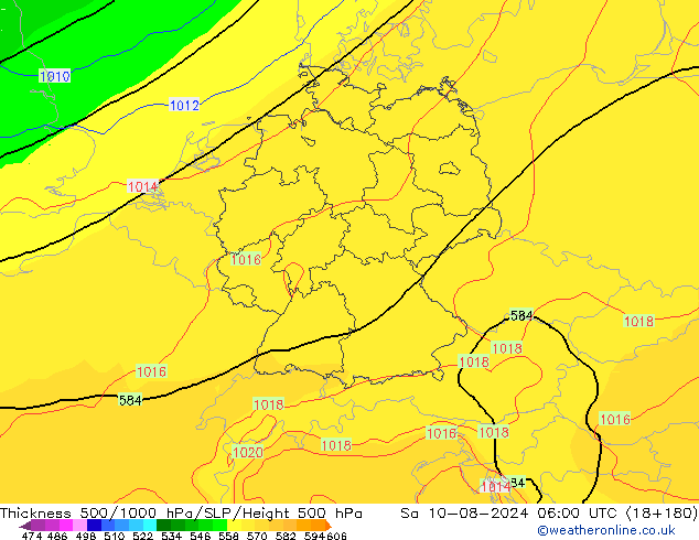 Thck 500-1000hPa GFS 星期六 10.08.2024 06 UTC